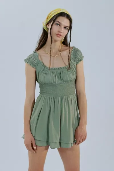 Shop Urban Outfitters Uo Rosie Smocked Tiered Ruffle Romper In Dark Green