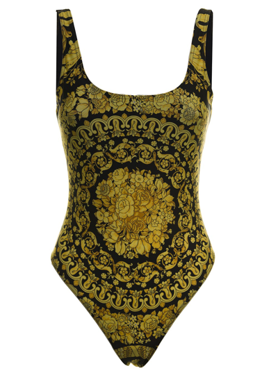 Shop Versace Womans Baroque Printed Lycra One Piece Swimsuit In Yellow