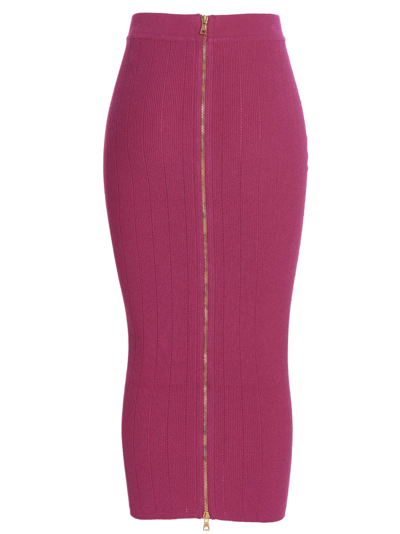 Shop Balmain Logo Button Skirt In Fuchsia
