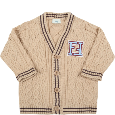 Shop Fendi Beige Cardigan For Babies With Double Ff