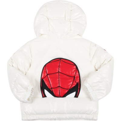 Shop Moncler White Narzin Jacket For Baby Boy With Spiderman