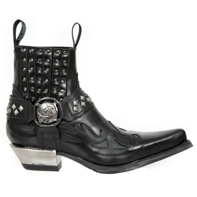 Pre-owned New Rock Rock M.7950-s9 Black Ankle Boots Western Goth Strap Skull Studded Metal