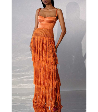 Shop Alejandra Alonso Rojas Bustier Fringe Crochet Dress In Orange