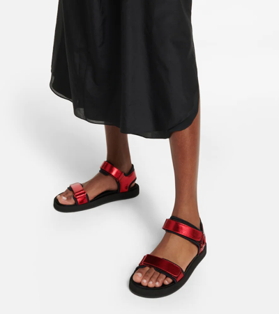 The Row Hook And Loop Metallic Leather And Neoprene Sandals In Ruby