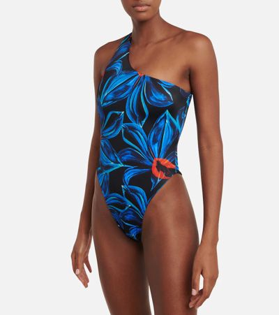 Shop Louisa Ballou Plunge Printed One-shoulder Swimsuit In Night Blooming Flower