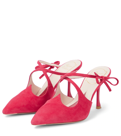 Shop Roger Vivier I Love Vivier Bow String Suede Mules In Rosso Cremisi