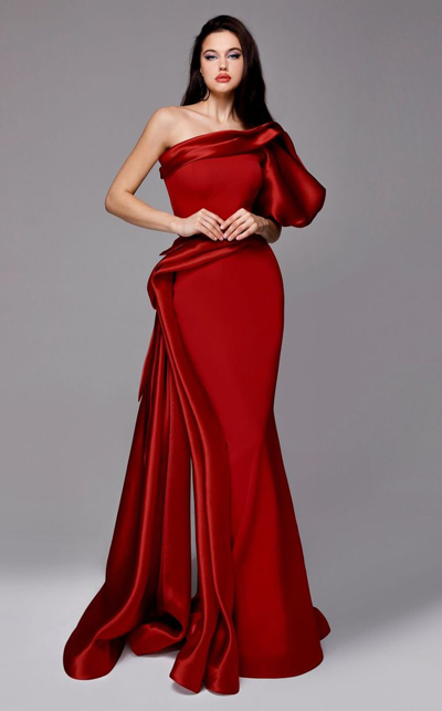 Shop Fouad Sarkis One Shoulder Detailed Red Gown