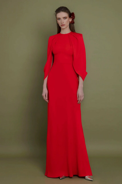 Shop Gemy Maalouf Cape-like Sleeves Crepe Gown