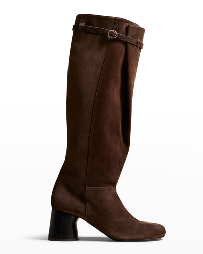 Shop Khaite Admiral Suede Buckle Knee Boots In Coffee