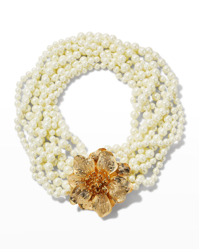 Shop Kenneth Jay Lane Gold Magnolia-motif Pearly Necklace In Cultura Prl