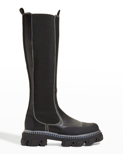 Shop Ganni Leather Tall Chelsea Boots In Black