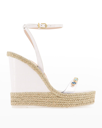 Shop Sophia Webster Camille Jeweled Ankle-strap Wedge Sandals In White Croc Rainb
