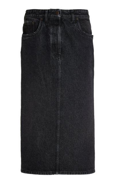 Shop Prada Washed Denim Midi Skirt In Black