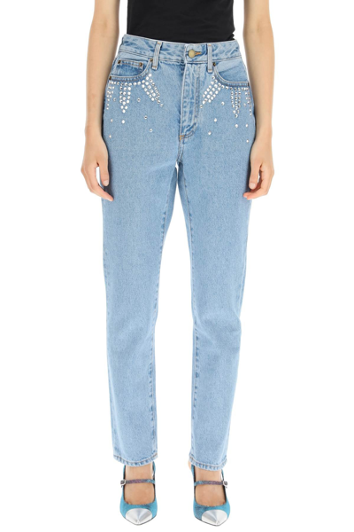 Shop Alessandra Rich Denim Jeans With Crystals In Blue