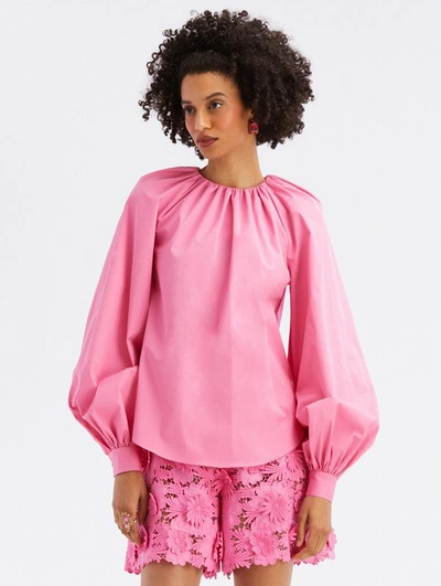 Shop Oscar De La Renta Long Sleeve Gathered Neck Cotton Blouse In French Pink