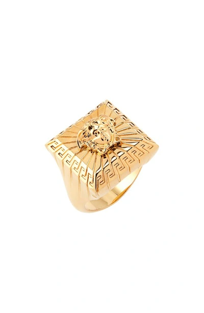 Shop Versace First Line Versace Medusa Square Signet Ring In Versace Gold