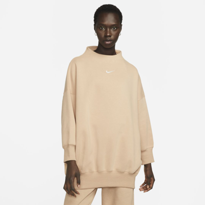 Shop Nike Women's  Sportswear Phoenix Fleece Over-oversized Mock-neck 3/4-sleeve Sweatshirt In Brown