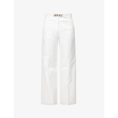 Shop Valentino Branded-chain Regular-fit Wide Stretch-cotton Trousers In Bianco Ottico