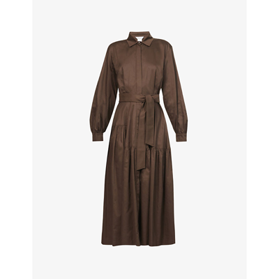 Shop Max Mara Olimpia Collared Cotton Midi Dress In Brown
