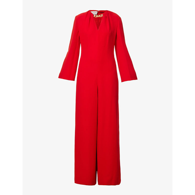 Shop Valentino V-neck Wide-leg Silk-crepe Jumpsuit In Rosso