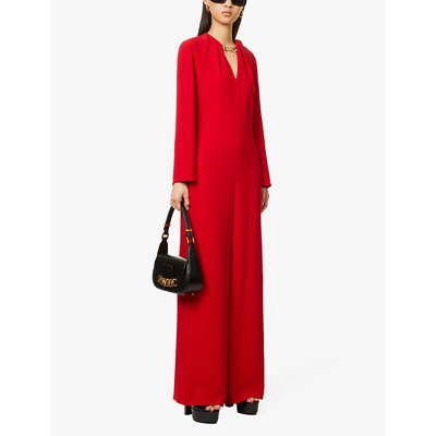 Shop Valentino V-neck Wide-leg Silk-crepe Jumpsuit In Rosso