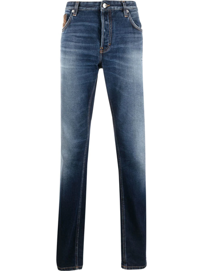 Shop Roberto Cavalli Whiskered Patch-detail Slim Jeans In Blue