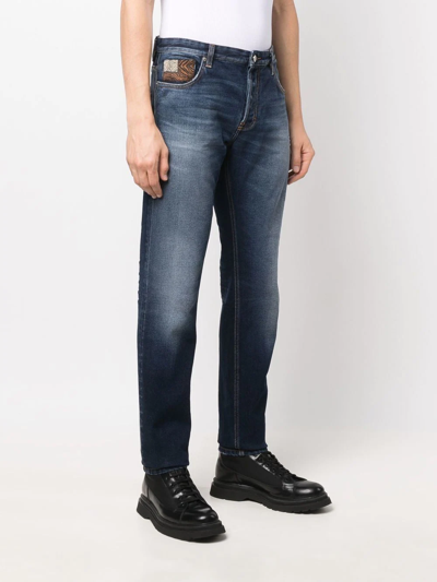 Shop Roberto Cavalli Whiskered Patch-detail Slim Jeans In Blue