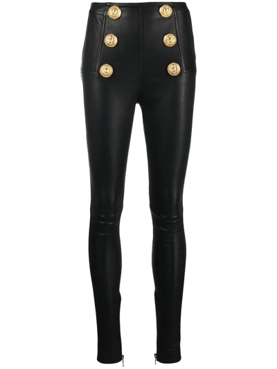 Shop Balmain Button-embossed Leather Leggings In Black