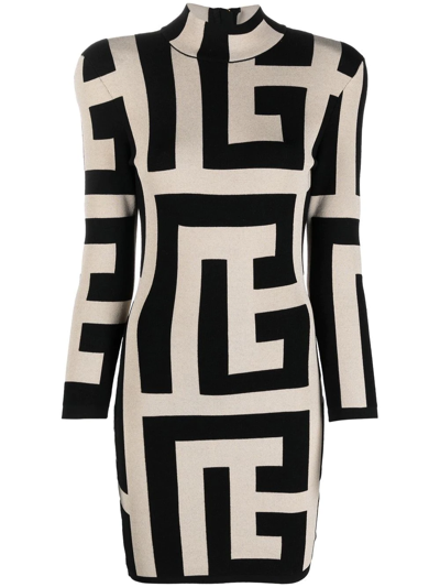 Balmain Mega Monogram Long Sleeve Wool Blend Minidress In Neutrals