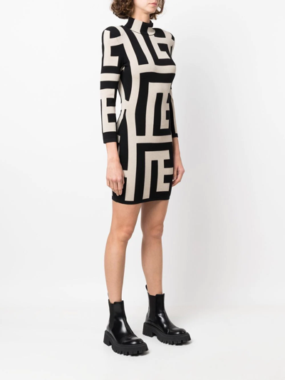 Balmain Mega Monogram Long Sleeve Wool Blend Minidress In Neutrals
