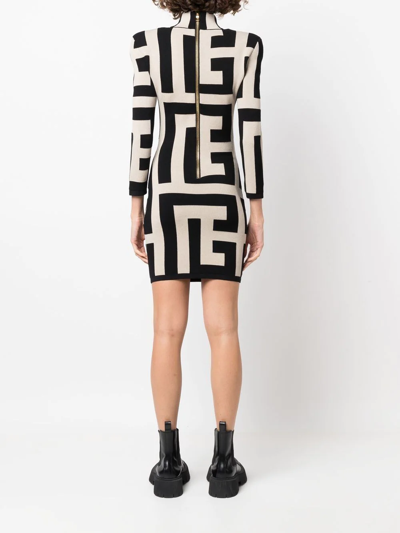 Balmain Mega Monogram Long Sleeve Wool Blend Minidress In Neutrals