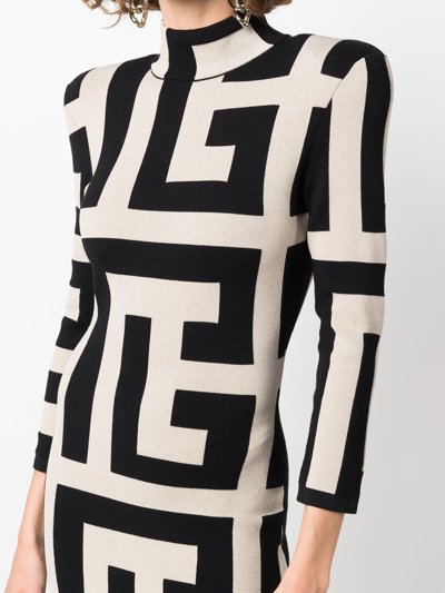 Balmain Mega Monogram Long Sleeve Wool Blend Minidress In Neutrals