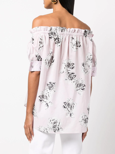 Shop Adam Lippes Rose-print Off-shoulder Blouse In Pink