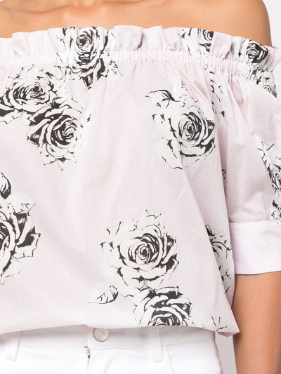 Shop Adam Lippes Rose-print Off-shoulder Blouse In Pink