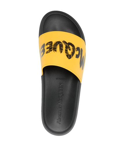 Shop Alexander Mcqueen Graffiti-logo Slip-on Slides In Yellow