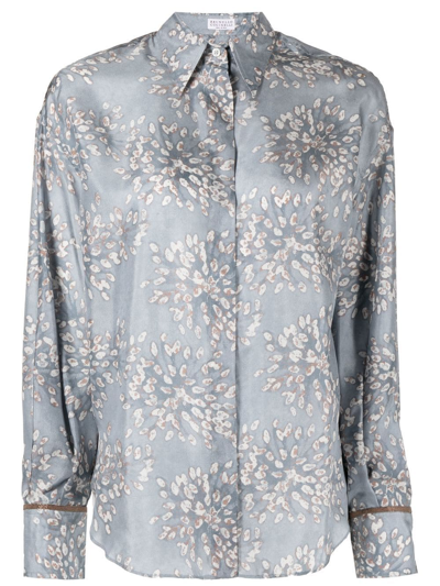 Shop Brunello Cucinelli Broderie Anglaise-print Silk Blouse In Blue