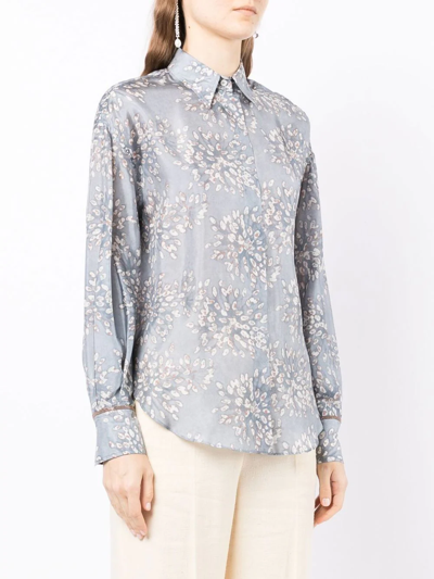 Shop Brunello Cucinelli Broderie Anglaise-print Silk Blouse In Blue