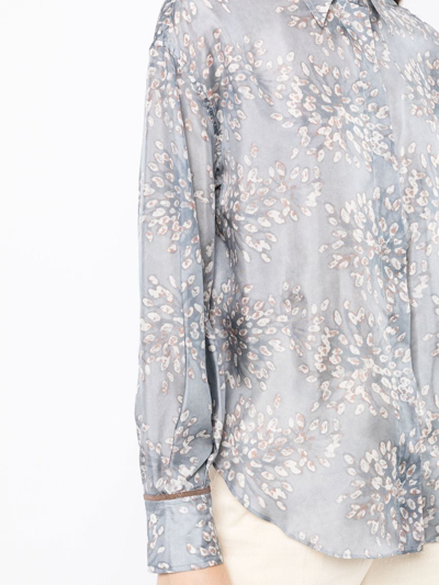 Shop Brunello Cucinelli Broderie Anglaise-print Silk Blouse In Blue