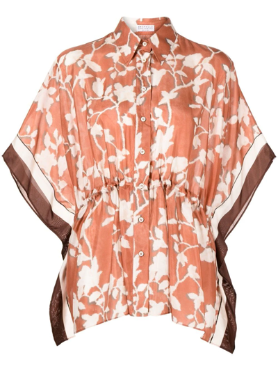 Shop Brunello Cucinelli Floral-print Short-sleeve Shirt In Red
