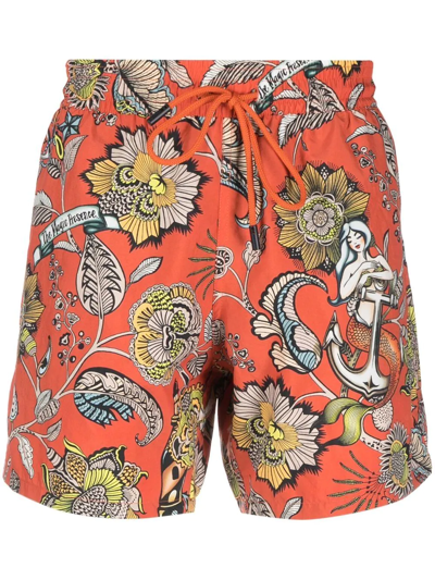 Etro Man Orange Swim Shorts With Old School Tattoo Print | ModeSens