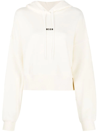 Msgm Cropped Logo-print Hoodie In Neutrals
