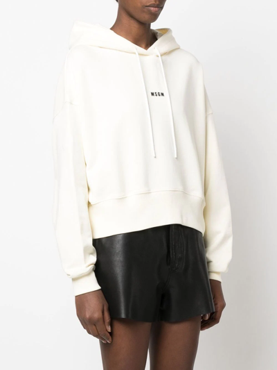 Msgm Cropped Logo-print Hoodie In Neutrals