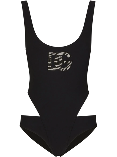 Shop Dolce & Gabbana Dg-logo Cut-out Swimsuit In Black