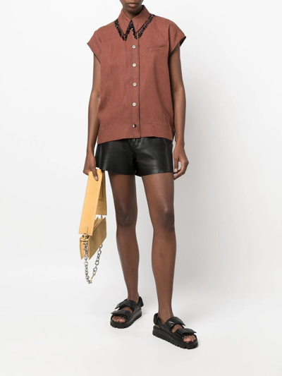 Shop Ganni Crystal-collar Sleeveless Hemp Shirt In Brown