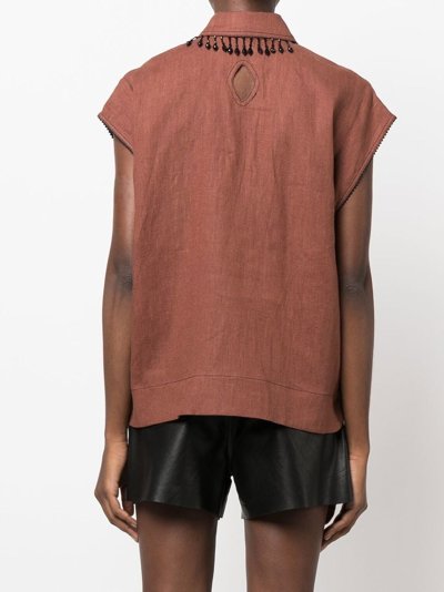 Shop Ganni Crystal-collar Sleeveless Hemp Shirt In Brown
