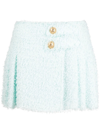 Shop Balmain Pleated Tweed Mini Skirt In Blue
