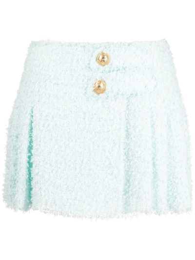 Balmain Pleated Mini Skirt In Wool In Blue