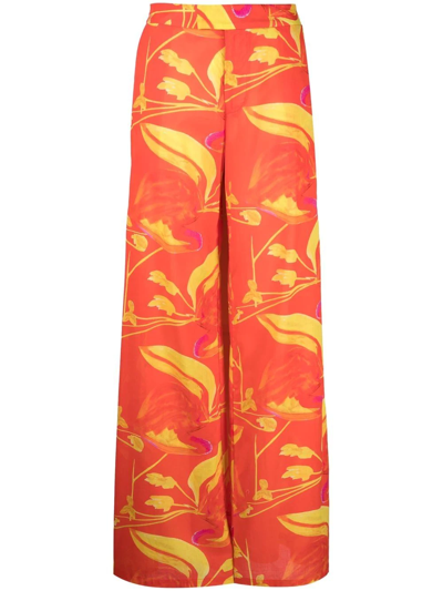 Shop Louisa Ballou Floral Wide-leg Trousers In Orange