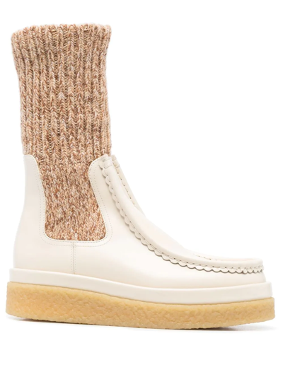 Shop Chloé Sock-detail Leather Boots In Neutrals