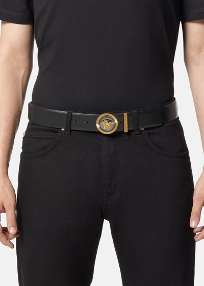 Versace Medusa Streamlined Leather Belt With Adjustable Length And Gold-tone Buckle In Black+gold